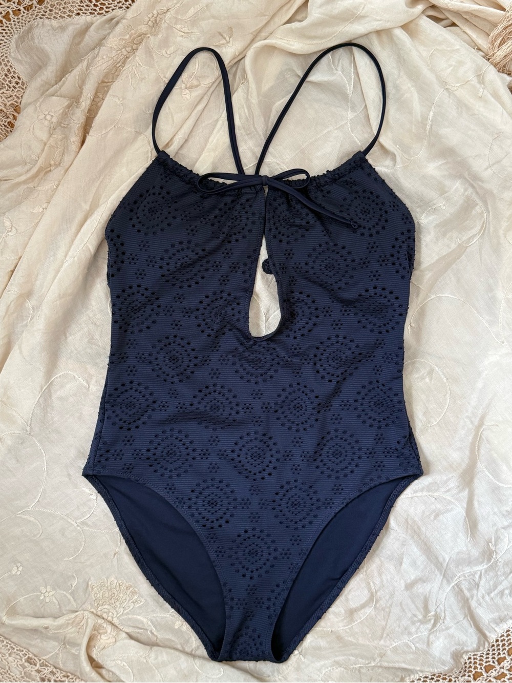 Aerie Navy Blue Eyelet Mesh Criss Cross Back One Piece strappy keyhole Swimsuit